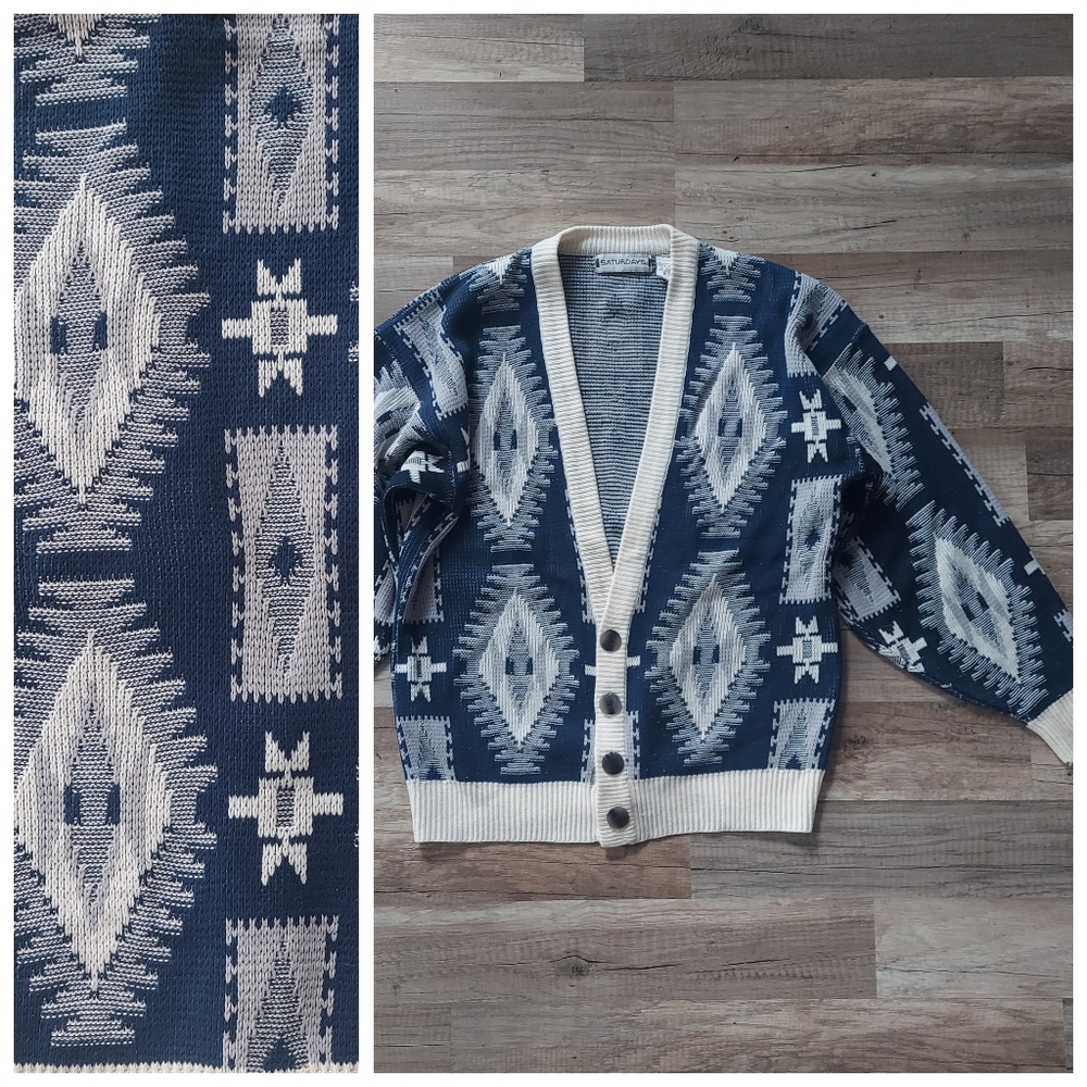 Vintage Navy Southwest Print Grandpa Cardigan Small
